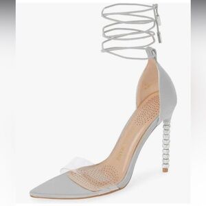 Azalea Wang Lexie Crystal Rhinestone Stiletto Heels Blue Gray Sandal Strappy 7.5